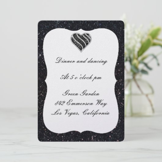 Black Glitter Black Heart Reception Kaart (Staand voorkant)