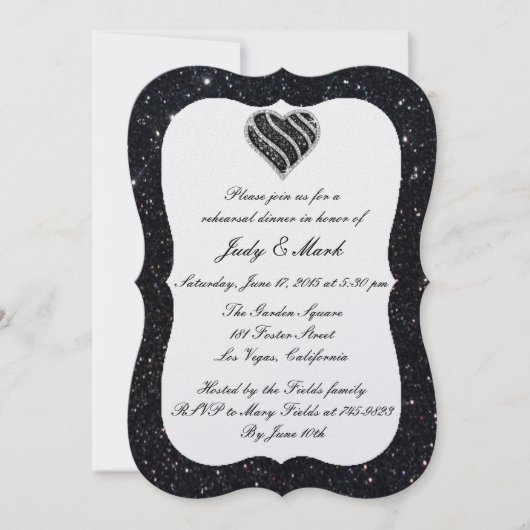 Black Glitter Black Heart Rehearsal Dinner Invite Kaart (Voorkant)