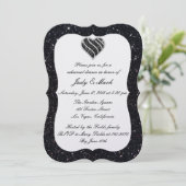 Black Glitter Black Heart Rehearsal Dinner Invite Kaart (Staand voorkant)