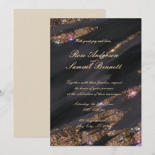 Black Glitter bruiloft uitnodiging (Voorkant / Achterkant)