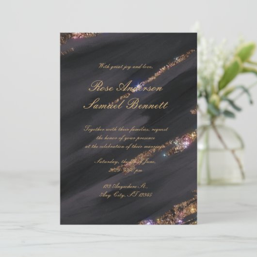 Black Glitter bruiloft uitnodiging (Staand voorkant)