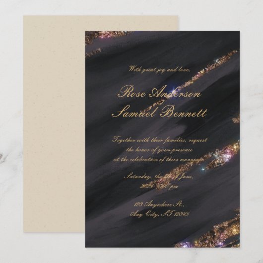 Black Glitter bruiloft uitnodiging (Voorkant / Achterkant)