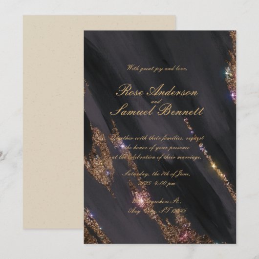 Black Glitter bruiloft uitnodiging (Voorkant / Achterkant)