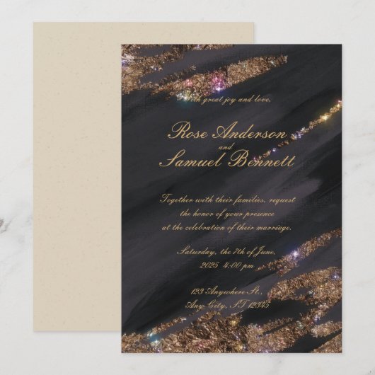 Black Glitter bruiloft uitnodiging (Voorkant / Achterkant)