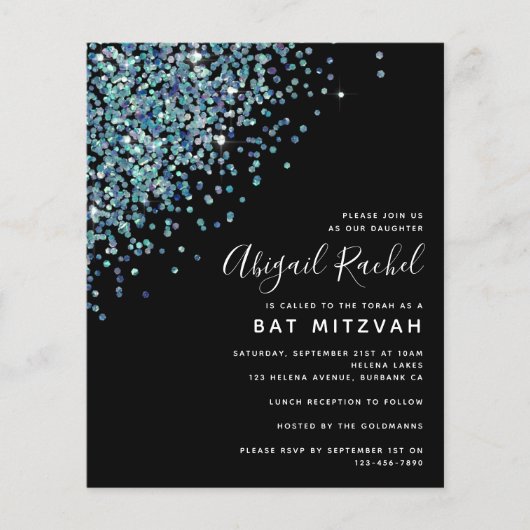 Black Glitter Budget Bat Mitzvah Uitnodiging (Voorkant)
