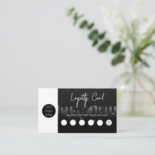 Black Glitter Business Logo QR Code Loyaliteit Visitekaartje (Staand voorkant)