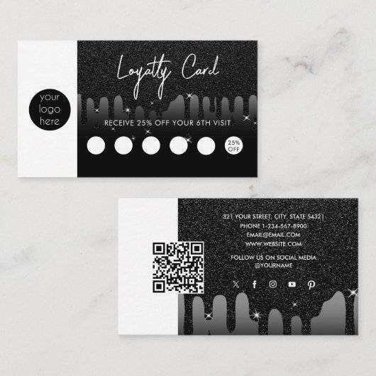 Black Glitter Business Logo QR Code Loyaliteit Visitekaartje (Voorkant / Achterkant)