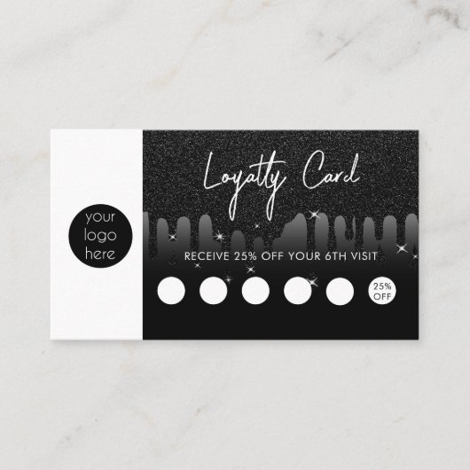 Black Glitter Business Logo QR Code Loyaliteit Visitekaartje (Voorkant)