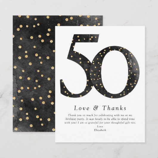 Black Glitter Confetti 50th Birthday Bedankkaart (Voorkant / Achterkant)
