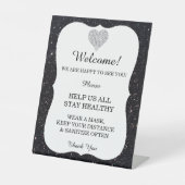 Black Glitter Diamond Heart Wedding Safety Reclamebord Met Voetstuk (Voorkant)