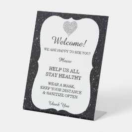 Black Glitter Diamond Heart Wedding Safety Reclamebord Met Voetstuk