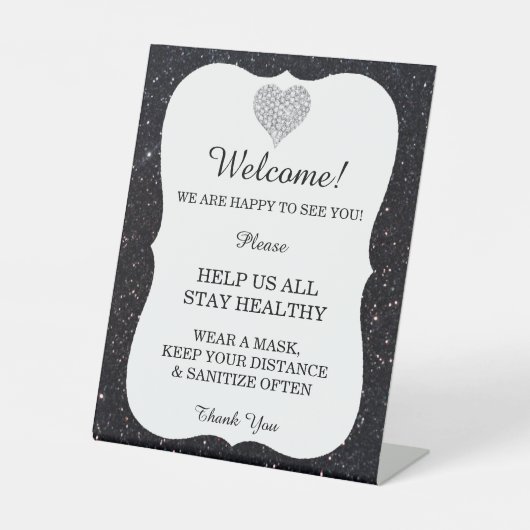 Black Glitter Diamond Heart Wedding Safety Reclamebord Met Voetstuk (Voorkant)