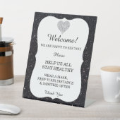 Black Glitter Diamond Heart Wedding Safety Reclamebord Met Voetstuk (Insitu)