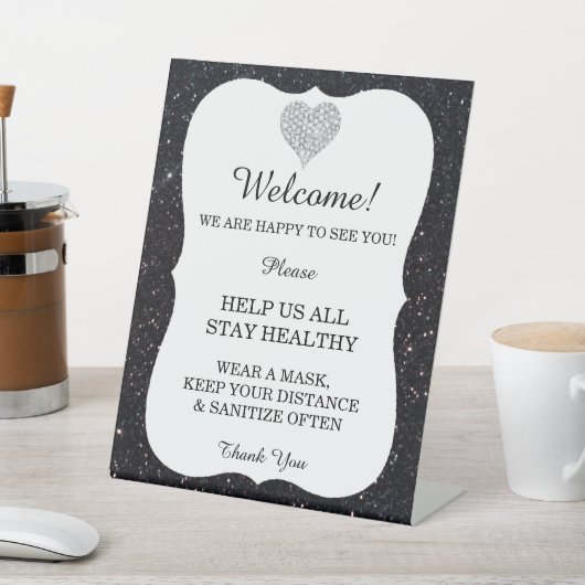 Black Glitter Diamond Heart Wedding Safety Reclamebord Met Voetstuk (Insitu)