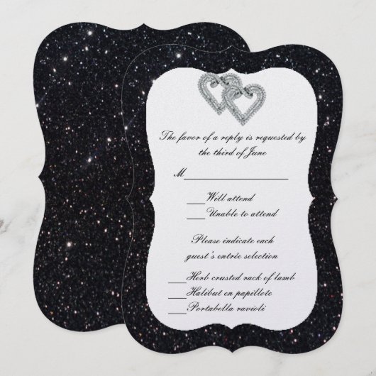 Black Glitter Diamond Hearts Response Kaart (Voorkant / Achterkant)