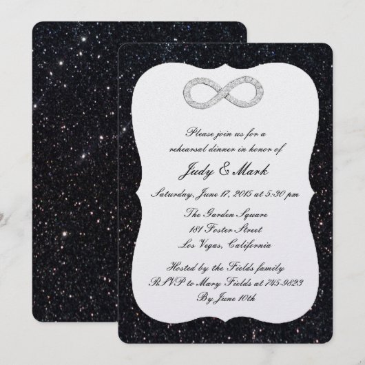 Black Glitter Diamond Infinity Rehearsal Dinner Kaart (Voorkant / Achterkant)
