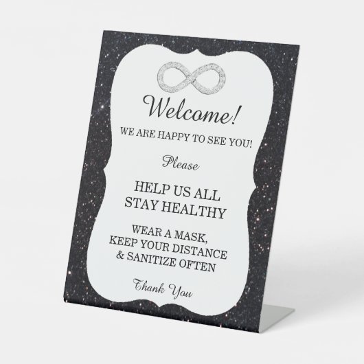 Black Glitter Diamond Infinity Wedding Safety Reclamebord Met Voetstuk (Voorkant)
