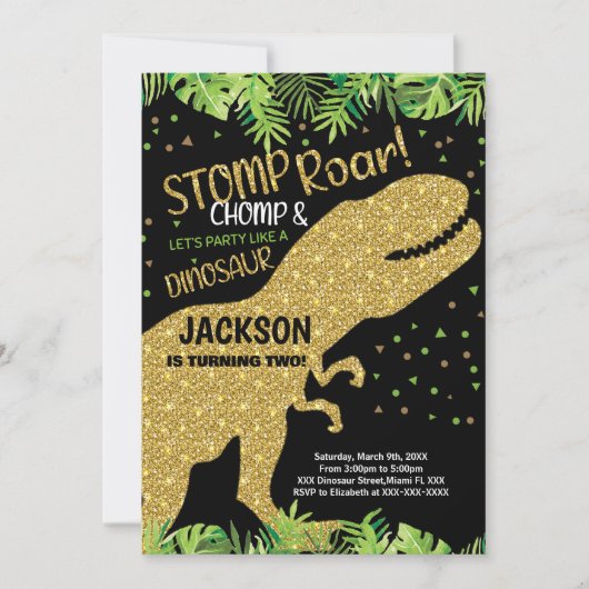 Black Glitter Dinosaurus Verjaardag Uitnodigingen (Voorkant)