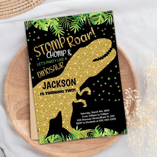 Black Glitter Dinosaurus Verjaardag Uitnodigingen