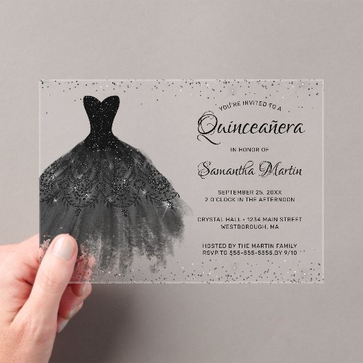 Black Glitter Dress Script Quinceañera Party Acryl Uitnodigingen (Insitu (Draagbaar))