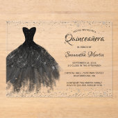 Black Glitter Dress Script Quinceañera Party Acryl Uitnodigingen (Voorkant)
