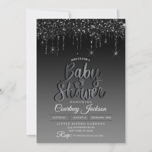 Black Glitter Drip Baby shower Invitation Kaart (Voorkant)