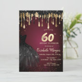 Black Glitter Drips Black Dress Dark Red 60th  Kaart (Staand voorkant)