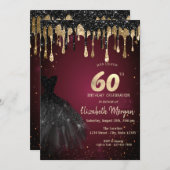 Black Glitter Drips Black Dress Dark Red 60th  Kaart (Voorkant / Achterkant)