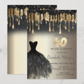 Black Glitter Drips Black Dress Gold 40e verjaarda Kaart (Voorkant / Achterkant)