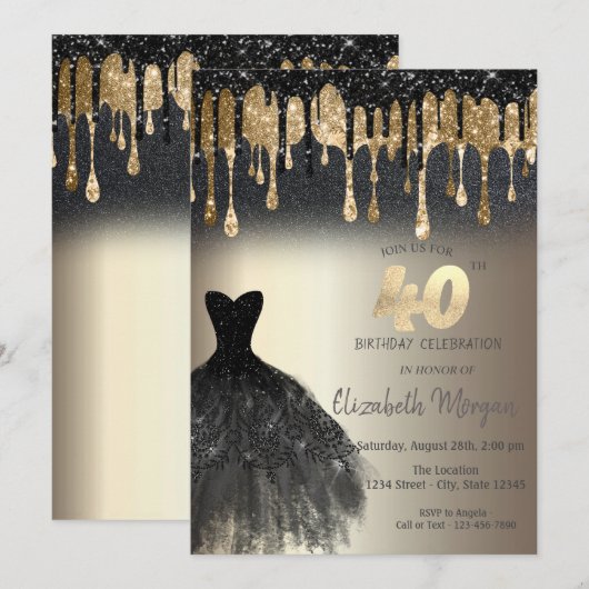 Black Glitter Drips Black Dress Gold 40e verjaarda Kaart (Voorkant / Achterkant)