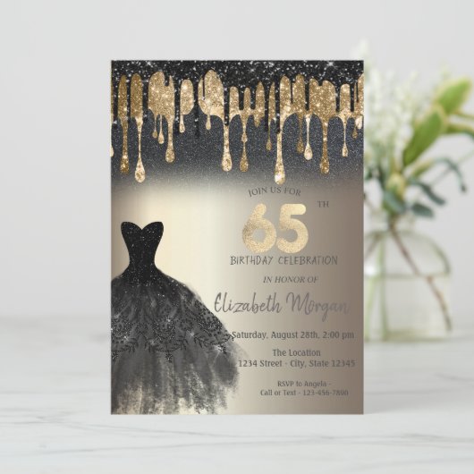 Black Glitter Drips Black Dress Gold 65e verjaarda Kaart (Staand voorkant)