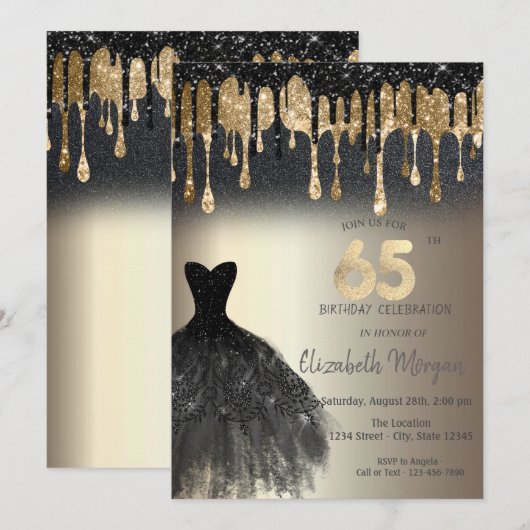 Black Glitter Drips Black Dress Gold 65e verjaarda Kaart (Voorkant / Achterkant)