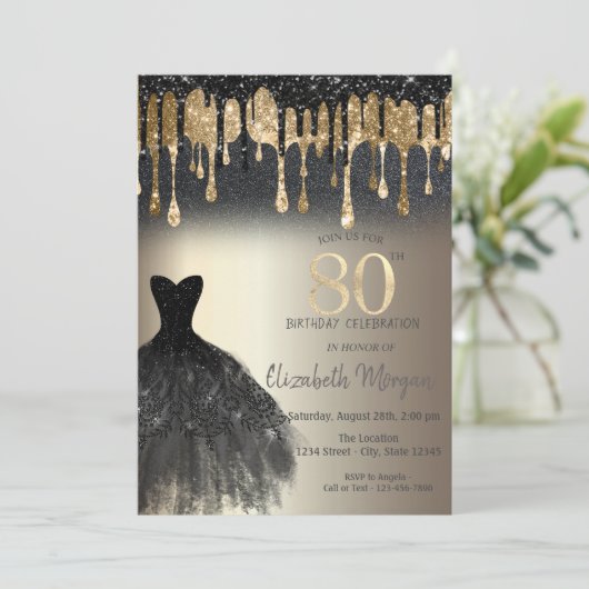 Black Glitter Drips Black Dress Gold 80ste verjaar Kaart (Staand voorkant)
