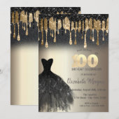 Black Glitter Drips Zwart Jurk Goud 100th Kaart (Voorkant / Achterkant)