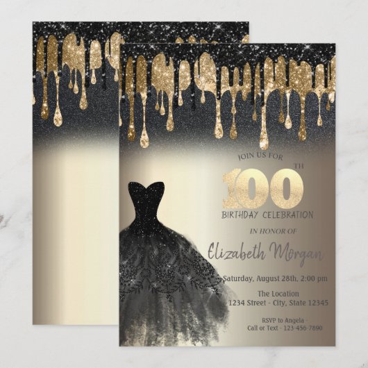 Black Glitter Drips Zwart Jurk Goud 100th Kaart (Voorkant / Achterkant)