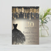 Black Glitter Drips Zwart Jurk Goud 30e Verjaardag Kaart (Staand voorkant)