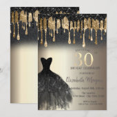 Black Glitter Drips Zwart Jurk Goud 30e Verjaardag Kaart (Voorkant / Achterkant)