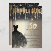 Black Glitter Drips Zwart Jurk Goud 60e Kaart (Voorkant / Achterkant)