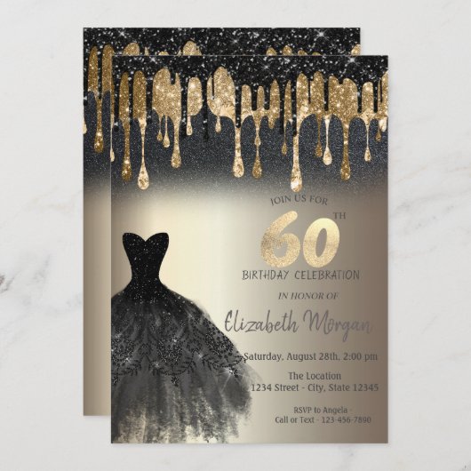 Black Glitter Drips Zwart Jurk Goud 60e Kaart (Voorkant / Achterkant)