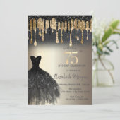 Black Glitter Drips Zwart Jurk Goud 75e Kaart (Staand voorkant)