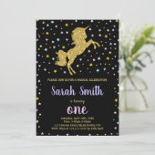 Black Glitter Eenhoorn Verjaardag Uitnodigingen (Staand voorkant)