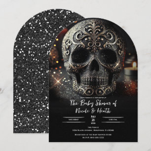 Black Glitter Glam Sparkle Skull Baby shower Kaart