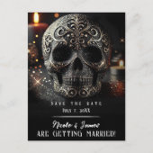 Black Glitter Glam Sparkle Skull Gothic Bewaardatu Aankondigingskaart (Voorkant)