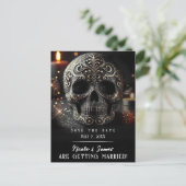 Black Glitter Glam Sparkle Skull Gothic Bewaardatu Aankondigingskaart (Staand voorkant)