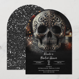 Black Glitter Glam Sparkle Skull Gothic Bridal Kaart
