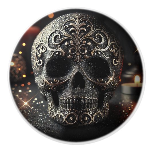 Black Glitter Glam Sparkle Skull Gothic Keramische Knop (Voorkant)