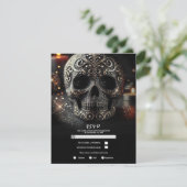 Black Glitter Glam Sparkle Skull Gothic RSVP Kaart (Staand voorkant)