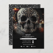 Black Glitter Glam Sparkle Skull Gothic RSVP Kaart (Voorkant / Achterkant)