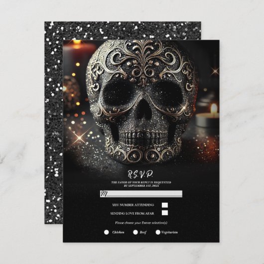 Black Glitter Glam Sparkle Skull Gothic RSVP Kaart (Voorkant / Achterkant)