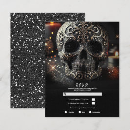 Black Glitter Glam Sparkle Skull Gothic RSVP Kaart